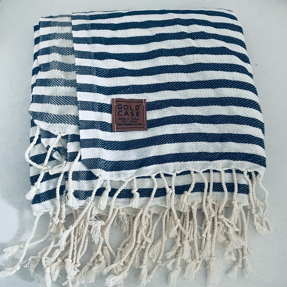 Gold Case Blue and White Stripe Turkish fringe Cotton Peshtamel Towel Wrap - Picture 3 of 16